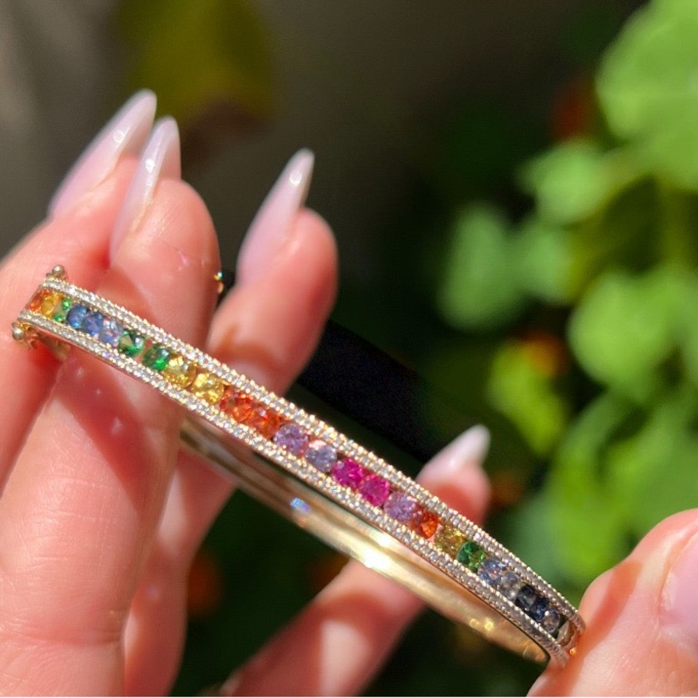 SOLD 14k Solid Yellow Gold Diamonds, Rainbow Sapphire, Tsavorite Bangle Bracelet
